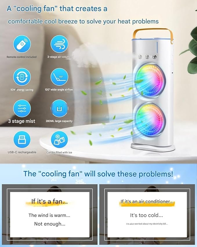 Double-Ended Spray, USB Rechargeable Mini Desktop Table Cooling Fan